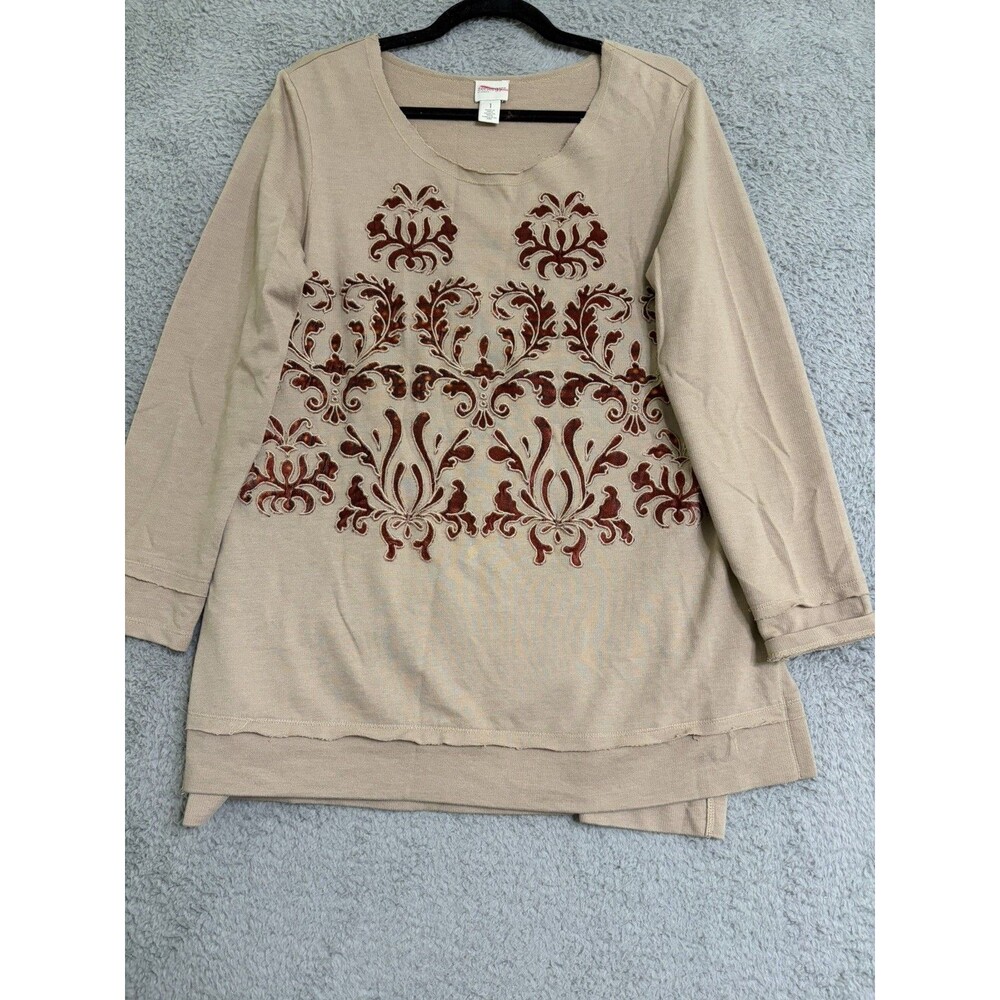 Zenergy by Chico's Tan Brown Fall Leaf Design Crew Neck Long Sleeve Top Size M